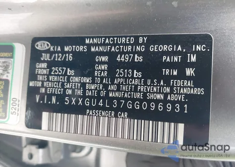 2016 Kia Optima Ex from USA, damaged, VIN 5XXGU4L37GG096931